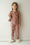 Kız Çocuk Pamuklu Süet Ayıcık Desenli Gömlek Yaka Uyku Bantlı Düğmeli Uzun Kollu Pijama Takımı-5