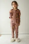 Kız Çocuk Pamuklu Süet Ayıcık Desenli Gömlek Yaka Uyku Bantlı Düğmeli Uzun Kollu Pijama Takımı-6