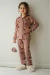 Kız Çocuk Pamuklu Süet Ayıcık Desenli Gömlek Yaka Uyku Bantlı Düğmeli Uzun Kollu Pijama Takımı-7