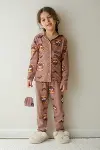 Kız Çocuk Pamuklu Süet Ayıcık Desenli Gömlek Yaka Uyku Bantlı Düğmeli Uzun Kollu Pijama Takımı-1