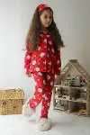 Kız Çocuk Pamuklu Süet Kırmızı Hello Desen Gömlek Yaka Uyku Bantlı Düğmeli Uzun Kollu Pijama Takımı-3