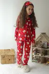 Kız Çocuk Pamuklu Süet Kırmızı Hello Desen Gömlek Yaka Uyku Bantlı Düğmeli Uzun Kollu Pijama Takımı-4