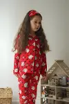 Kız Çocuk Pamuklu Süet Kırmızı Hello Desen Gömlek Yaka Uyku Bantlı Düğmeli Uzun Kollu Pijama Takımı-5