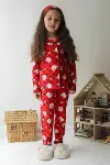 Kız Çocuk Pamuklu Süet Kırmızı Hello Desen Gömlek Yaka Uyku Bantlı Düğmeli Uzun Kollu Pijama Takımı-6