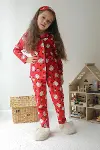 Kız Çocuk Pamuklu Süet Kırmızı Hello Desen Gömlek Yaka Uyku Bantlı Düğmeli Uzun Kollu Pijama Takımı-7