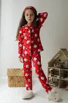 Kız Çocuk Pamuklu Süet Kırmızı Hello Desen Gömlek Yaka Uyku Bantlı Düğmeli Uzun Kollu Pijama Takımı-8