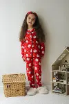 Kız Çocuk Pamuklu Süet Kırmızı Hello Desen Gömlek Yaka Uyku Bantlı Düğmeli Uzun Kollu Pijama Takımı-1