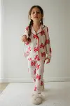 Kız Çocuk Pamuklu Süet Ekru Kelebek Desenli Gömlek Yaka Uyku Bantlı Düğmeli Uzun Kollu Pijama Takımı-3