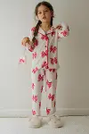 Kız Çocuk Pamuklu Süet Ekru Kelebek Desenli Gömlek Yaka Uyku Bantlı Düğmeli Uzun Kollu Pijama Takımı-4