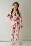 Kız Çocuk Pamuklu Süet Ekru Kelebek Desenli Gömlek Yaka Uyku Bantlı Düğmeli Uzun Kollu Pijama Takımı-5