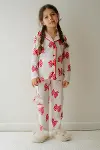 Kız Çocuk Pamuklu Süet Ekru Kelebek Desenli Gömlek Yaka Uyku Bantlı Düğmeli Uzun Kollu Pijama Takımı-6