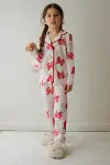 Kız Çocuk Pamuklu Süet Ekru Kelebek Desenli Gömlek Yaka Uyku Bantlı Düğmeli Uzun Kollu Pijama Takımı-7
