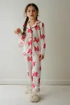 Kız Çocuk Pamuklu Süet Ekru Kelebek Desenli Gömlek Yaka Uyku Bantlı Düğmeli Uzun Kollu Pijama Takımı-8
