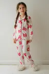 Kız Çocuk Pamuklu Süet Ekru Kelebek Desenli Gömlek Yaka Uyku Bantlı Düğmeli Uzun Kollu Pijama Takımı-1