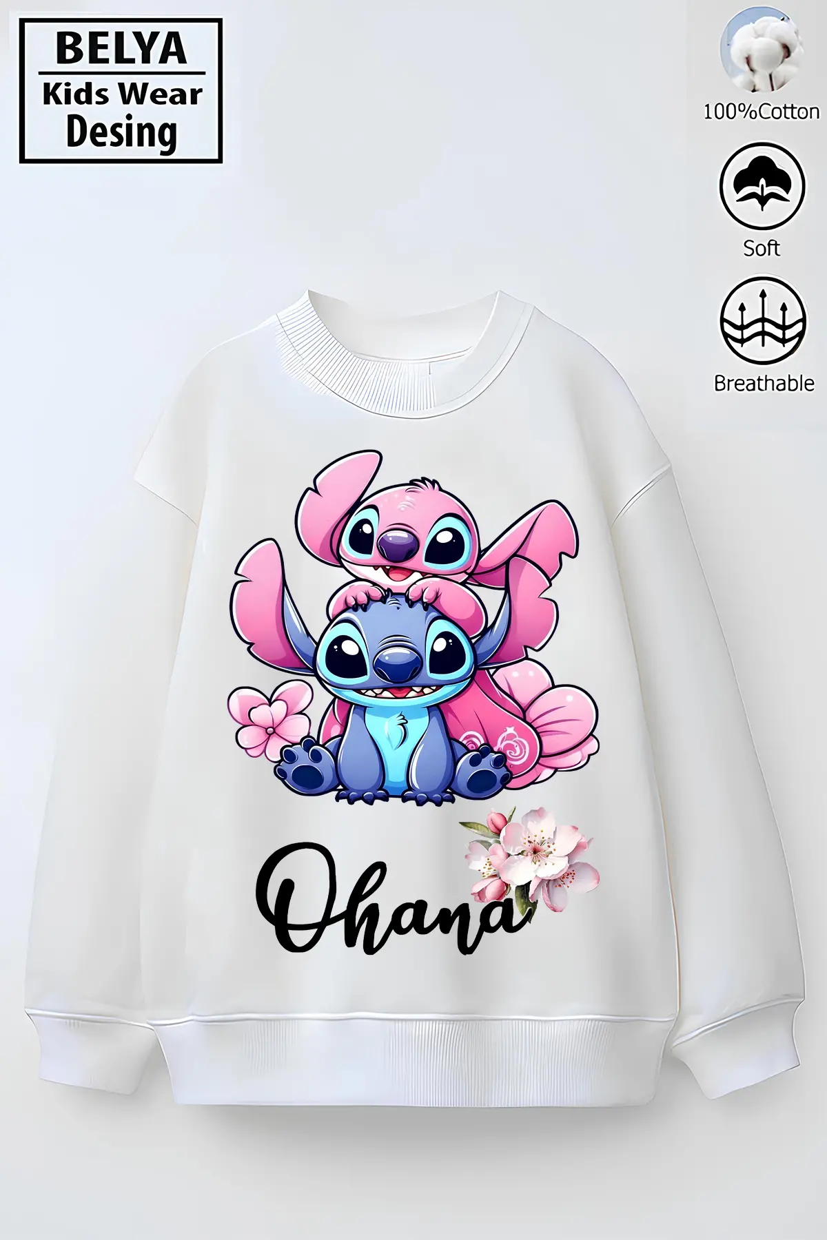 Tam Kalıp Oversize Kız Çocuk Pamuğa Pamuk 3 İplik Kumaş Stıtch Ohana Karakter Tasarım Sweatshirt