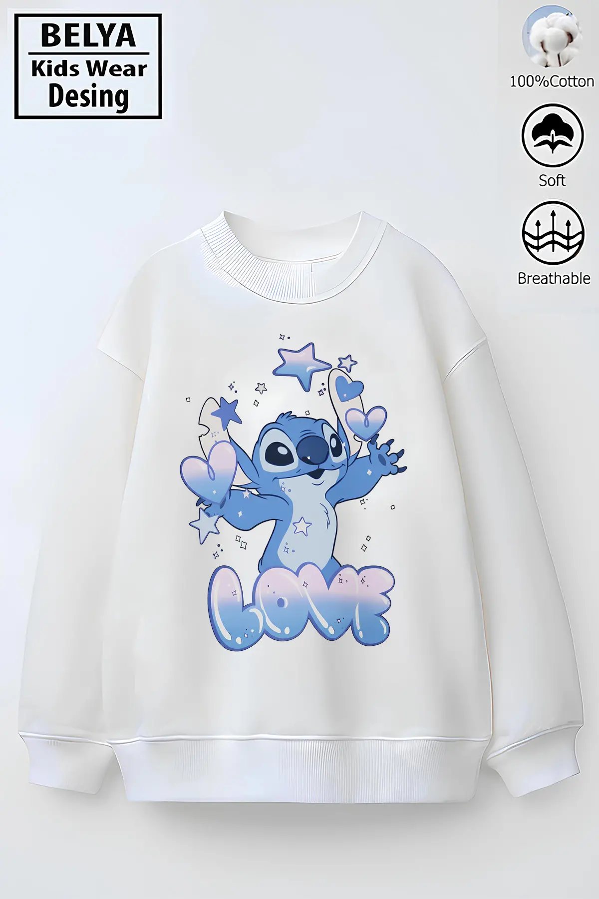 Tam Kalıp Oversize Kız Çocuk Pamuğa Pamuk 3 İplik Kumaş Stıtch Love Karakter Tasarım Sweatshirt
