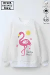 Tam Kalıp Oversize Kız Çocuk Pamuğa Pamuk 3 İplik Kumaş Flamingo Karakter Tasarım Sweatshirt-1