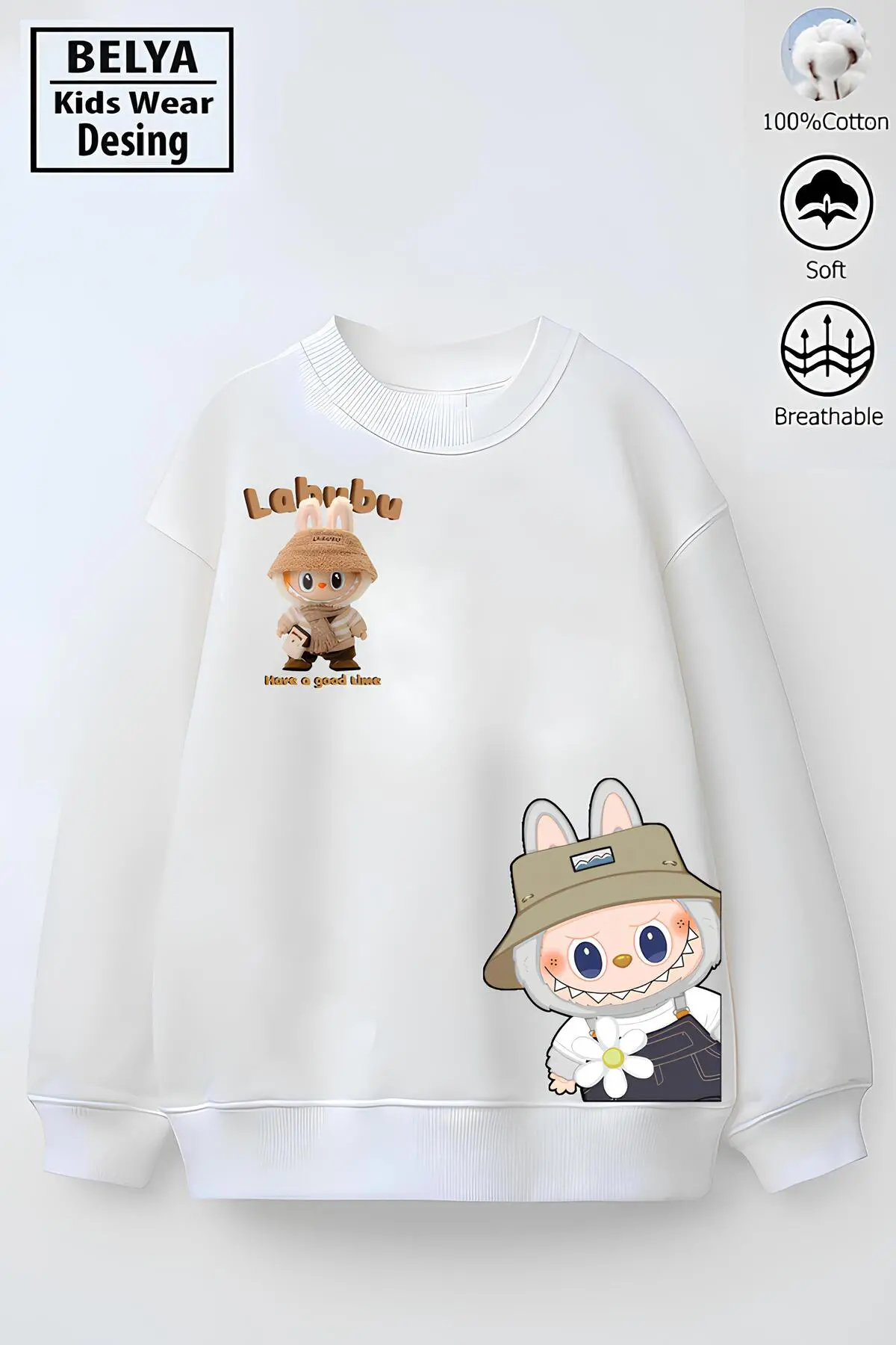 Tam Kalıp Oversize Kız Çocuk Pamuğa Pamuk 3 İplik Kumaş Karakter Lab2 Tasarım Sweatshirt