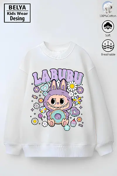 Tam Kalıp Oversize Kız Çocuk Pamuğa Pamuk 3 İplik Kumaş Karakter Lab 1 Tasarım Sweatshirt