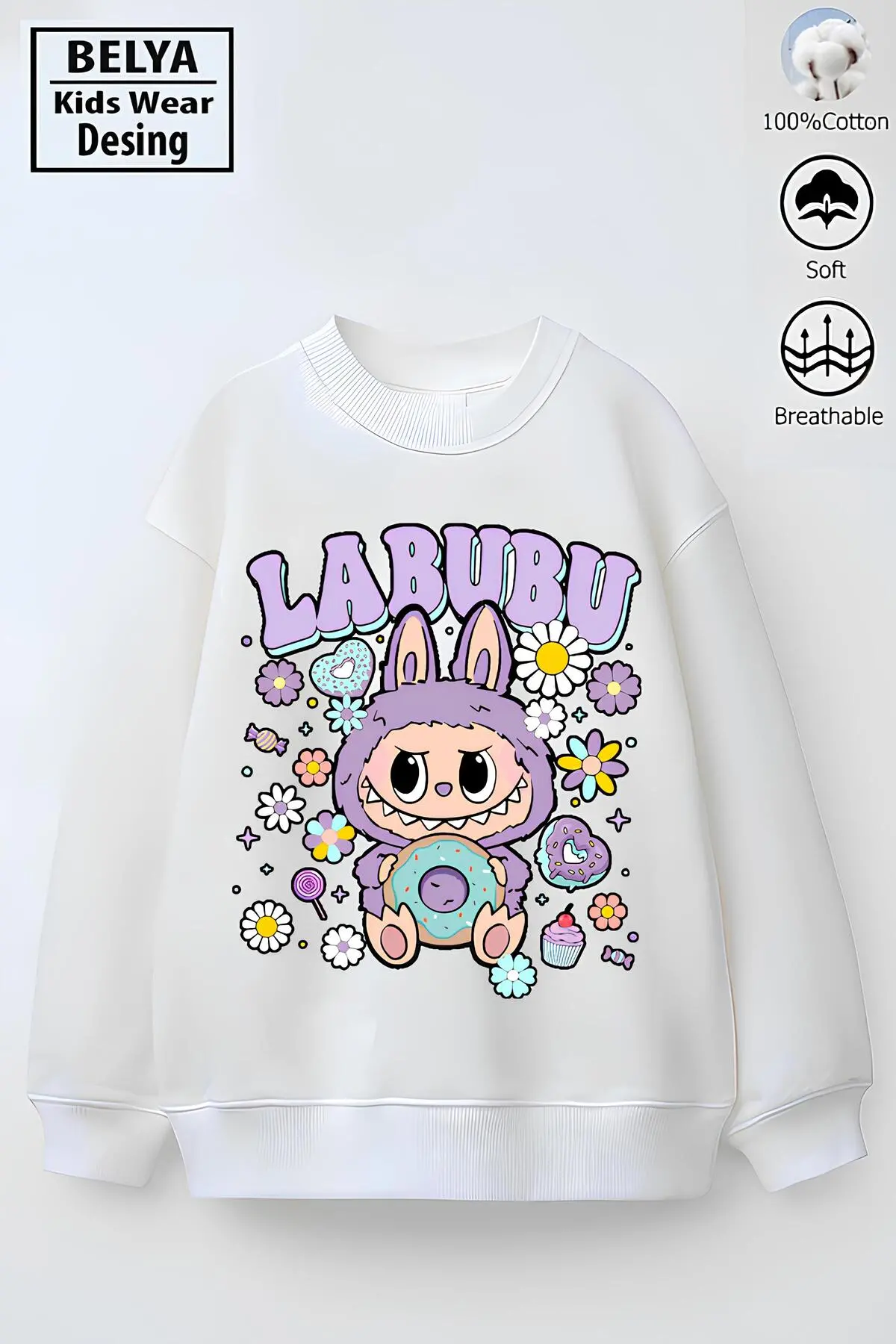 Tam Kalıp Oversize Kız Çocuk Pamuğa Pamuk 3 İplik Kumaş Karakter Lab 1 Tasarım Sweatshirt