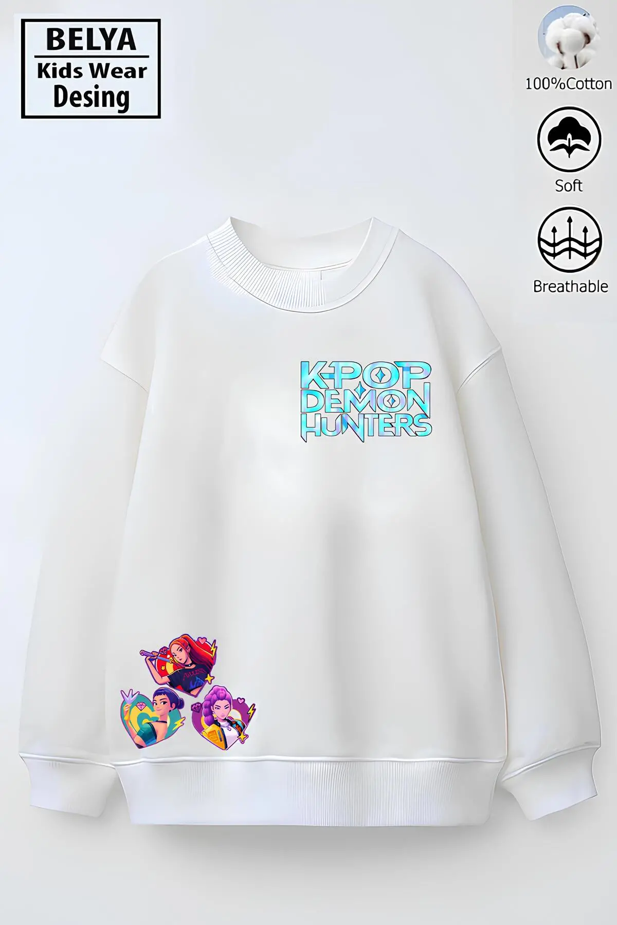 Tam Kalıp Oversize Kız Çocuk Pamuğa Pamuk 3 İplik Kumaş Pop 2 Tasarım Sweatshirt