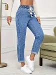 Kadın Yüksek Bel Bağcıklı Kot Pantolon-2