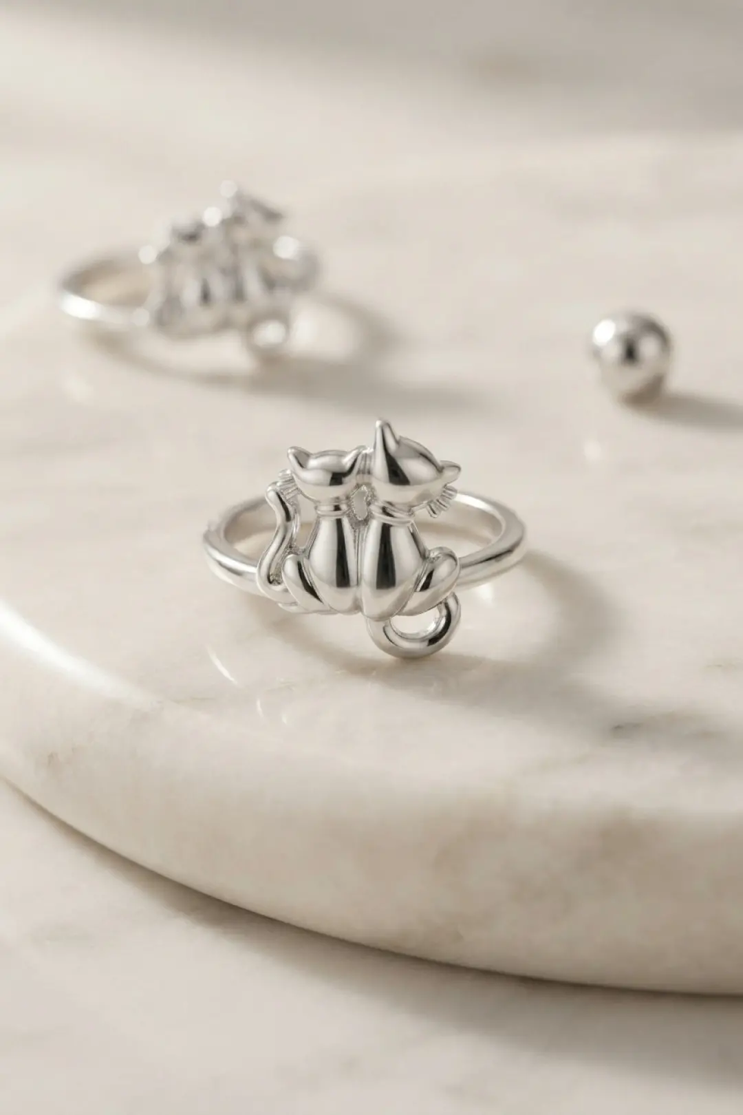 Gümüş Renk Kedi Tasarım Pirinç Kadın Yüzük TJ-BYK4218