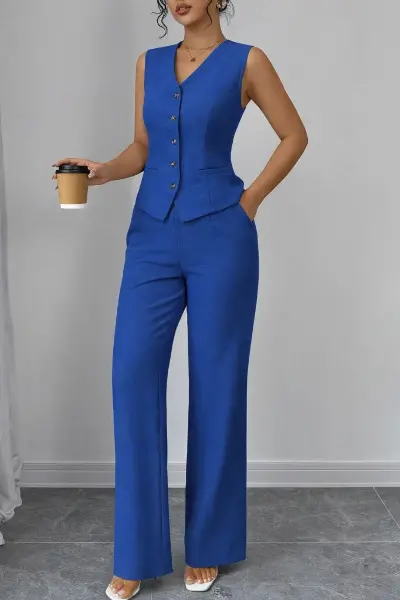 Kadın Askılı önden Düğmeli Bluz Ve Pantolon Keten Ikili Takım