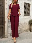 Kadın Kısa Kollu Kayık Yaka önü Asimetrik Detaylı Kısa Sandy Bluz Ve Pantolon Ikili Takım-3