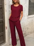 Kadın Kısa Kollu Kayık Yaka önü Asimetrik Detaylı Kısa Sandy Bluz Ve Pantolon Ikili Takım-1