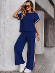 Kadın Kısa Kollu Bisiklet Yakalı Ribanalı Viskon Iki Iplik Bluz Ve Pantolon Ikili Takım-3