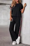 Kadın Kısa Kollu Bisiklet Yakalı Ribanalı Viskon Iki Iplik Bluz Ve Pantolon Ikili Takım-2