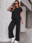 Kadın Kısa Kollu Bisiklet Yakalı Ribanalı Viskon Iki Iplik Bluz Ve Pantolon Ikili Takım-3