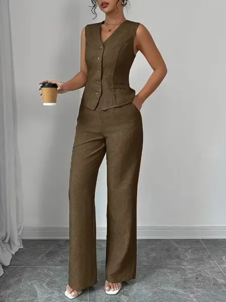 Kadın Askılı önden Düğmeli Bluz Ve Pantolon Keten Ikili Takım
