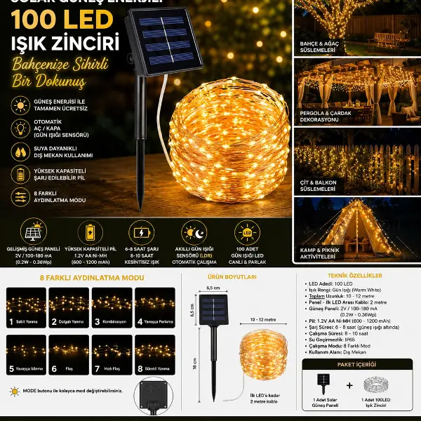 Solar 100 LED Gün Işığı Peri Led Işık Zinciri Bahçe ve Balkon Aydınlatma