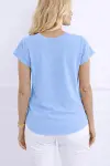 Kadın V Yaka Kısa Kol Dokuma Viskon Kumaş Bluz-3