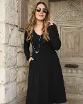 Kadın Uzun Kollu V Yakalı Salaş Midi Akrilik Elbise-2