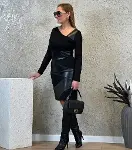 Kadın Uzun Kollu Asimetrik Yaka Süet Ve Deri Mini Boy Elbise-2