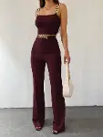 Kadın Zincir Askılı Krop Ithal Krep Bluz Ve Pantolon Ikili Takım-2