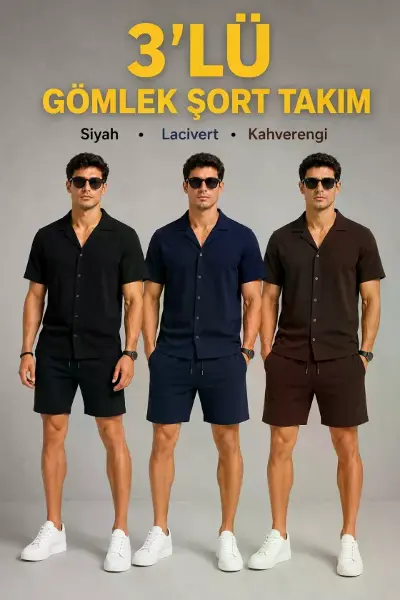 Erkek 3’lü Krep Kumaş Cepli Gömlek Şort Takım Kısa Kollu Bağcıklı - Siyah , Lacivert , Kahverengi