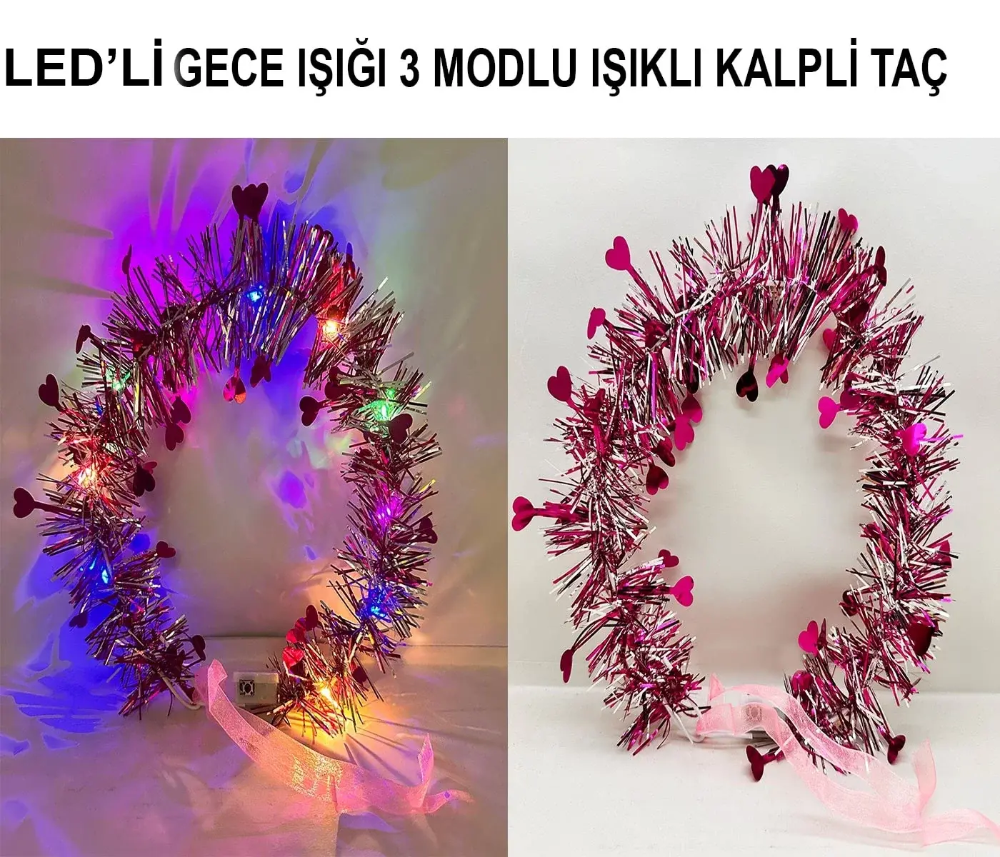Kalp Püsküllü Gece Parıltısı 3 Modlu Led39li Işıklı Taç Fuşya Renk