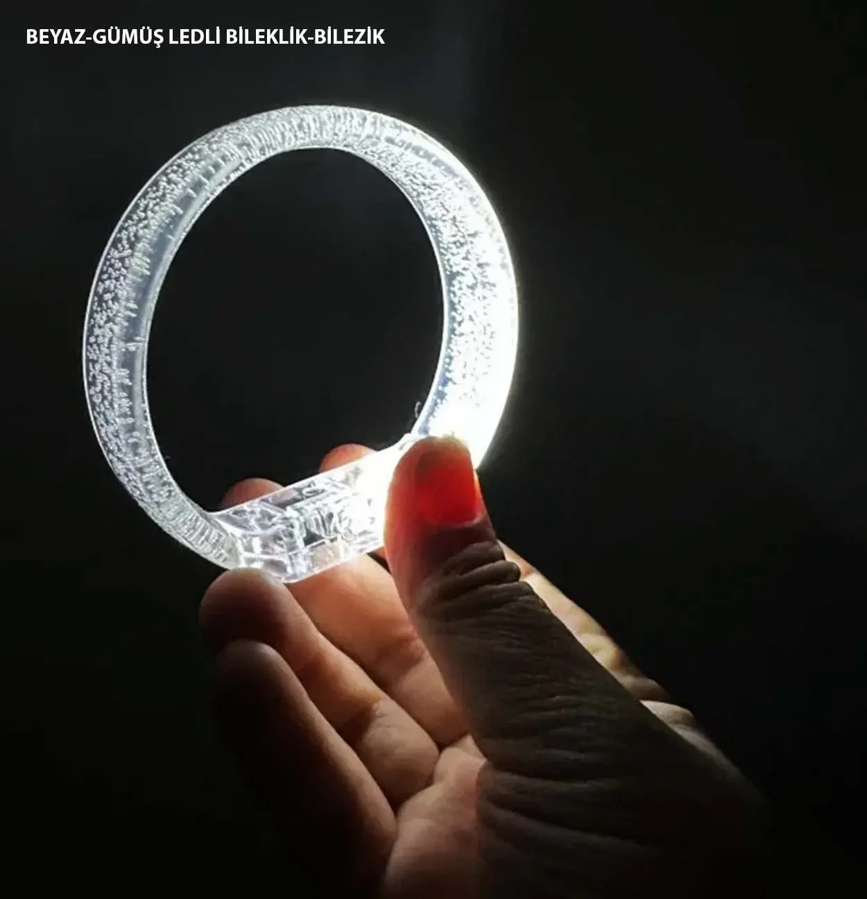 Beyaz-gümüş Led Işıklı Baskı Yapılabilen Pilli Bileklik Bilezik 1,5 Cm Genişlik
