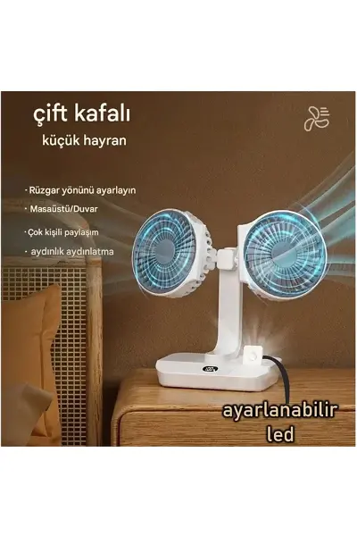 Masaüstü Dijital Ekranlı Çift Fanlı Led Işıklı Soğutucu Fan Ev Ofis Şarjlı Vantilatör