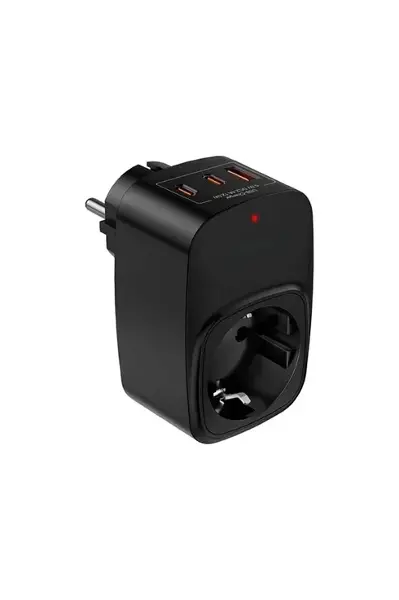 Tekli Yüksek Voltaj Korumalı Duvar Prizi 2X Type-C 1X USB Çıkışlı Priz Grup Priz Çoğaltıcı siyah