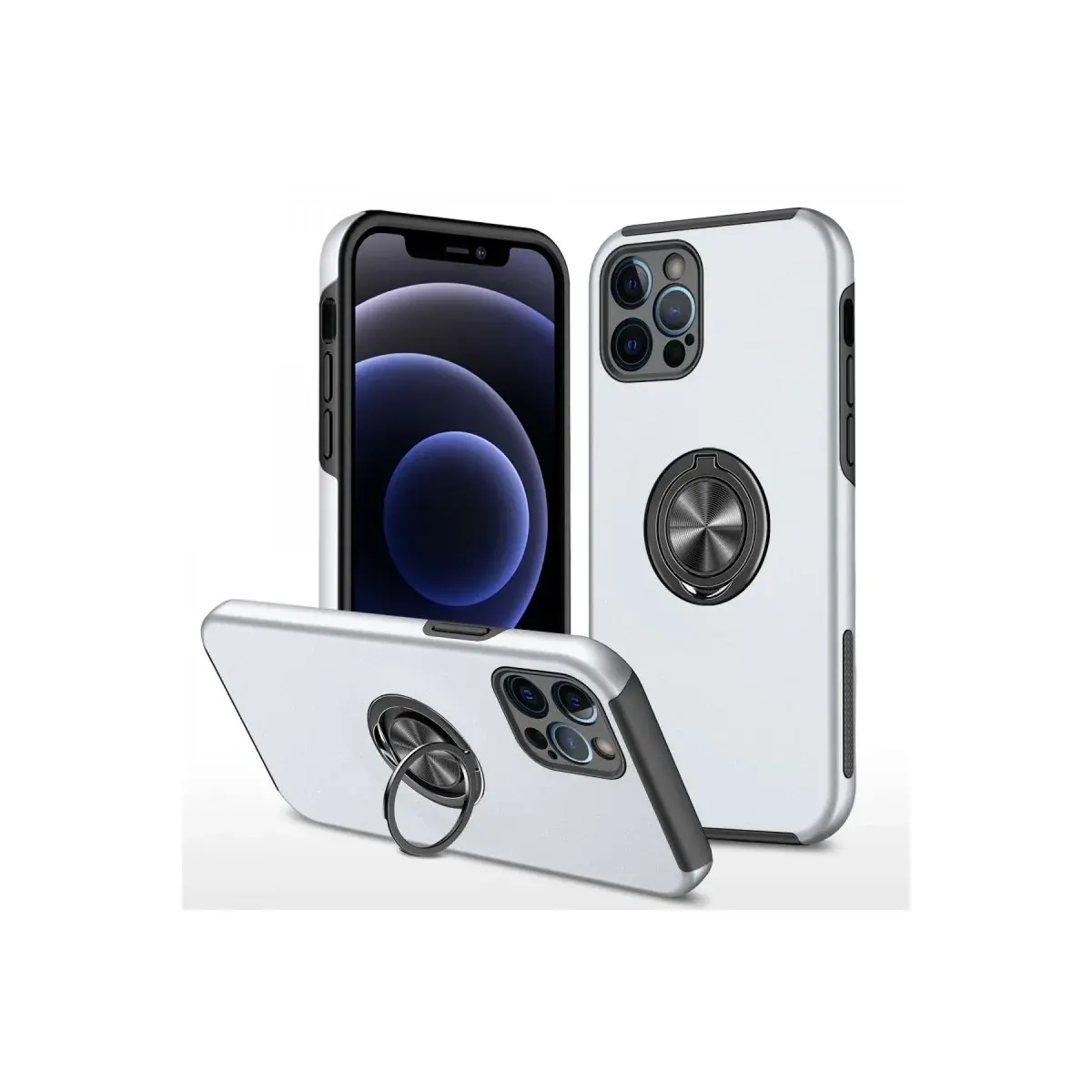 İphone 12 Pro Kılıf Elit Yüzüklü Kapak - Gümüş