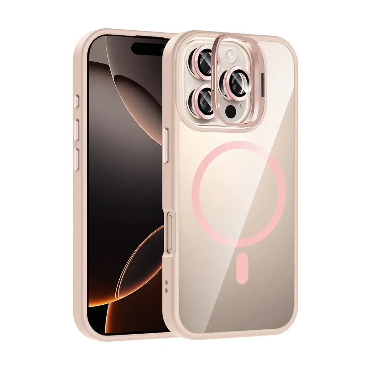 Joko  İphone 16 Pro Max Remim Lensli Magsafe Standlı Kapak - Pembe