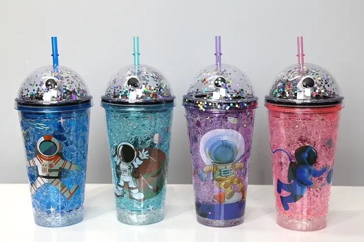 Sevimli Astronot Işıklı Pipetli Pullu Suluk &amp; Bardak 400 Ml Alk3148