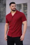 Erkek Waffle Kumaş Kısa Kollu Düğmeli Açık Yaka Regular Fit Gömlek - Kırmızı-3