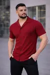 Erkek Waffle Kumaş Kısa Kollu Düğmeli Açık Yaka Regular Fit Gömlek - Kırmızı-1