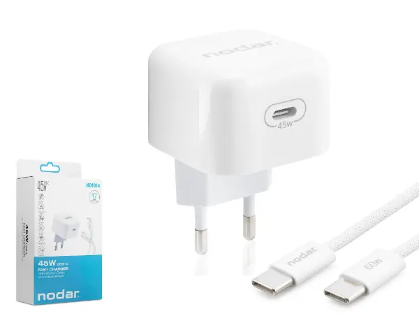Type-c Hızlı Şarj Seti 45W Type-c Adaptörlü 1 M Örgülü Kablolu Beyaz ND1014